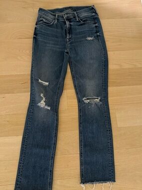MOTHER Distressed Dark Blue Straight-Leg Jeans